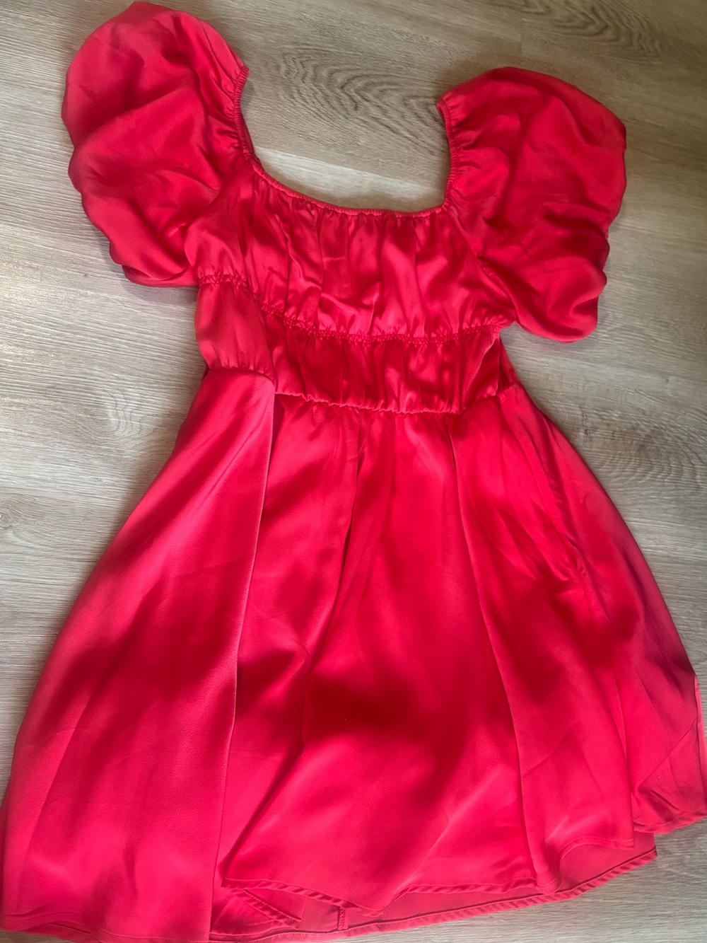 Francesca’s Romantic Red Mini Satin Dress with Puff Sleeve